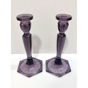 Vtg Fenton Amethyst Candlesticks Pair 8.5” Purple UV Glass American Florentine